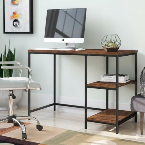 Image of Solid Sheesham Wood Table Top & Iron Leg Study Table | Multipurpose Freestanding Study Desk | Office Table for Study Room | Office | Library | Living Room | Finish Color - Brown |
