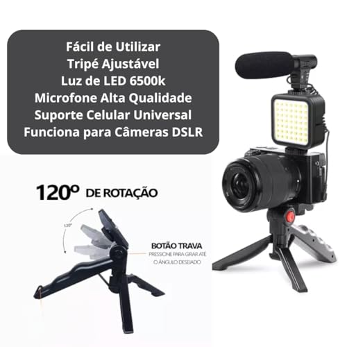 Tripé Suporte de Celular Gravação 5 em 1 com Ring Iluminação Led Microfone Vídeo Vlog Bluetooth Esta