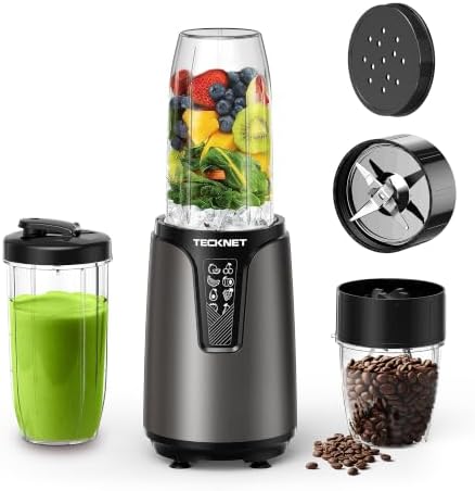 TECKNET 1000W Smoothie Maker, Smoothie Mixer mit 2 BPA-freie Becher (500ml&150ml), Standmixer Klein mit Kreuzklingen aus Edelstahl 304, Smoothie Maker to go für Milchshakes & Smoot