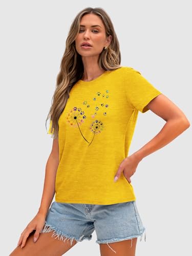 Image of Anbech Womens Dandelion Graphic T-Shirts Teen Girls Cute Sunflower Print Casual Tee Tops
