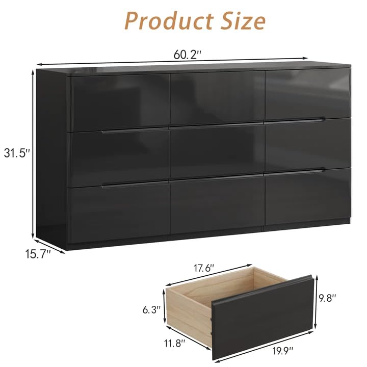 Image of High Gloss Dresser for Bedroom, 60.2 inch Wide 9 Drawer Dresser, Black
