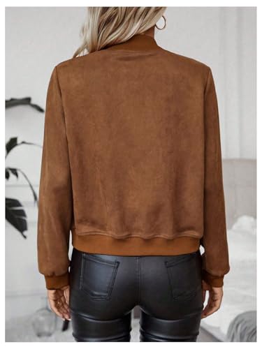 SweatyRocks Women's Faux Suede Short Bomber Jacket Coat Stand Collar Lightweight Zip Up Fashion Outerwear Tops2