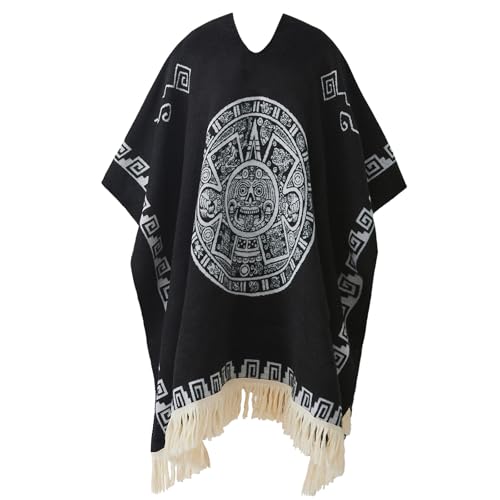 Mexican Sarape Poncho for Men Vintage Aztec Hippie Striped Western Blanket Poncho Sleeveless Sweater Cape Costume (Aztec Black 2XLarge-3XLarge)