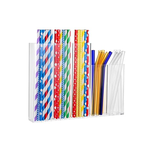 Fiewmay 9" Width Large Acrylic Straw Holder for Cabinet Door - Small Hanging Straw Organizer Storage for Short/Long Straws, Glass Straws Cocktail Straws Holder, Space Saving Organizer (Transparent)
