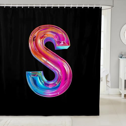 jejeloiu Duschvorhang mit Buchstabe S, 182,9 x 198,1 cm, Alphabet-Thema, Badvorhang für Kinder, Jungen, Mädchen, Teenager, Pastellviolett, Blau, Schwarz, Badezimmer-Duschvorhang-Set, bunt, wasserdicht