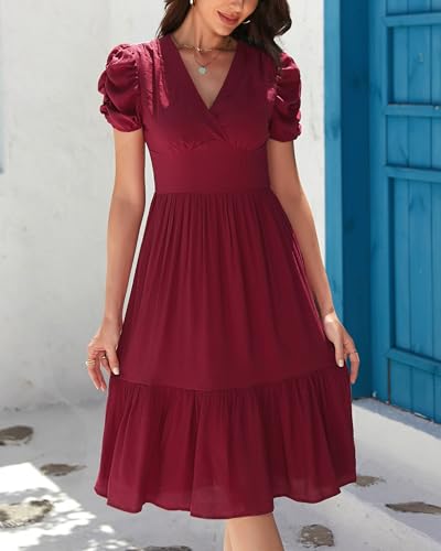 Image of Womens 2025 Summer Dress V Neck Puff Short Sleeve Tiered Dress Elastic High Waist Flowy Vacation Midi Dresses
