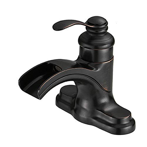 Homevacious Waterfall Bathroom Faucet Oil Rubbed Bronze Black Single Handle 4 Inch Centerset Basin Sink Vanity Faucets Lavatory One Hole Lever Mixer Tap Deck Mount Supply Hose Commercial Lead-Free
