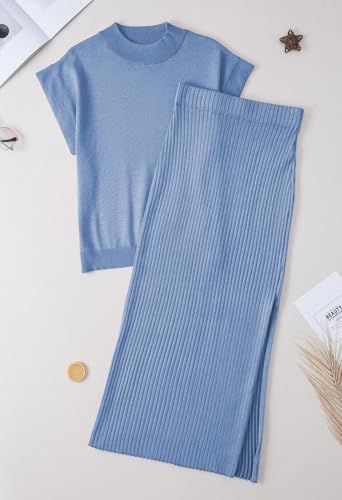 Pink Queen Skirt and Top Set for Women 2 Piece Cap Sleeve Loose Sweater Vest Top Sheath Bodycon Split Skirts Matching Sets for Holiday Light Blue L