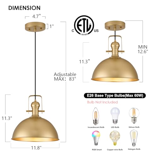 Image of 12 Inch Gold Modern Pendant Lights for Kitchen Island 3 Pack