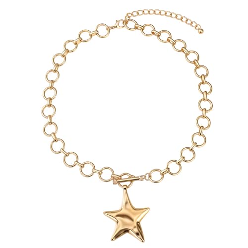 MQV Chunky Statement Gold Hammered Bold Cross Star Puffy Heart Necklace Thick Chain Vintage Layered Toggle Chain Colorful Beaded Choker Stacks Summer Beach Jewelry For Women (gold2)
