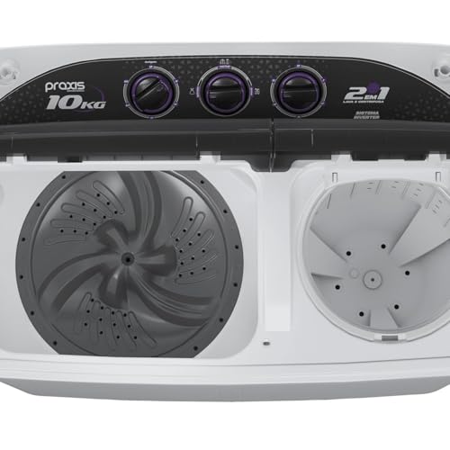 Lavadora 2 em 1-10 Kg - Lava 6 Kg e Centrifuga 4 Kg - Praxis Eletrodomésticos - 220v Branco e Preto