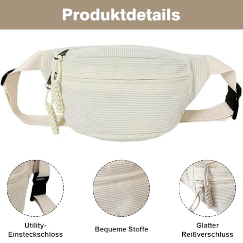 Cord Umhängetasche Damen 34×15cm, Gürteltasche Hüfttasche mit Schultergurt Einstellbar - Stilvolle und Praktische Bauchtasche für Lässige Ausflüge (Weiß)