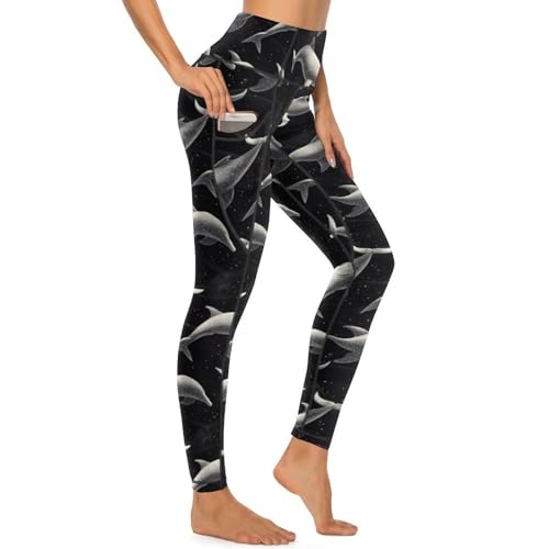 Legging imprimé dauphins noirs femme pantalon yoga taille haute avec poches