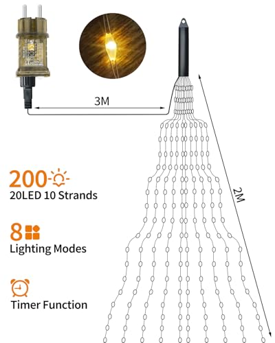 YIFMOO 2M 200LED Lichterschweif mit Strom, 8 Modi Lichterbündel mit Timer, Wasserfall Lichterkette mit Fernbedienung, LED Weihnachtsbeleuchtung für Weihnachten Balkon Garten Innen Außen Deko, Warmweiß
