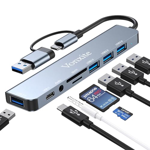 USB C Adapter 8 in 1 USB Hub Multiport Adapter with Type C Data Ports USB-A 3.0 3*U SB 2.0 SD/TF Card Reader 3.5mm Headphone Jack Type C Hub Docking Station for Smartphones/Laptops/Pad/Switch