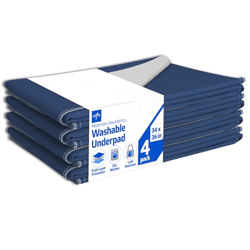 Medline Washable Bed Pads for Incontinence Large 34 x 36 inch Reusable Underpads 4 Pack Pee Pads for Dogs Adults Kids and Baby Navy with Gray Top Sheet