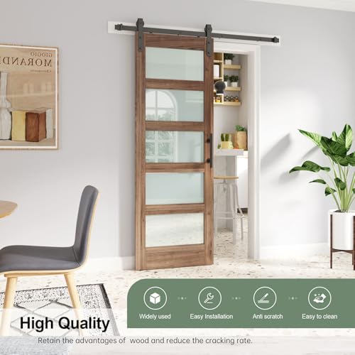 Image of FREDBECK 28 x 80 inch Glass Barn Door with 5 FT Barn Door Hardware Kit & Handle Included,5-Panel Frosted Glass,LVL Wood Panel,Water-Proof PVC Surface,Pre-Drilled Holes,Need Assembly