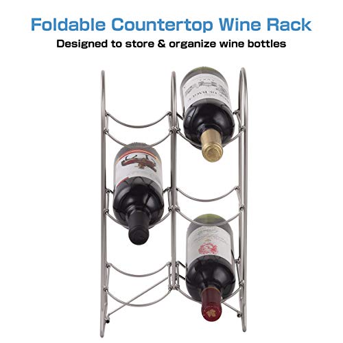Buruis 6 Bottle Countertop Wine Rack -Free-Standing Wine Holder for Red White Wine Storage - Foldable Space Saver Metal Wine Rack Water Bottle Holder (Silver)