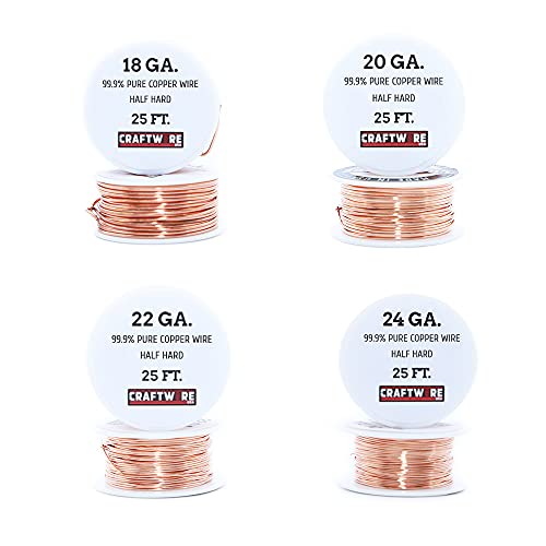 Craftwire USA Solid Bare Copper Wire Round,Bright,Half Hard,25 Feet 18,20,22,24 Gauge