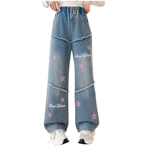 Girls Star Print Jeans Straight Leg Denim Pants High Waisted Baggy Boyfriend Jeans with Pockets