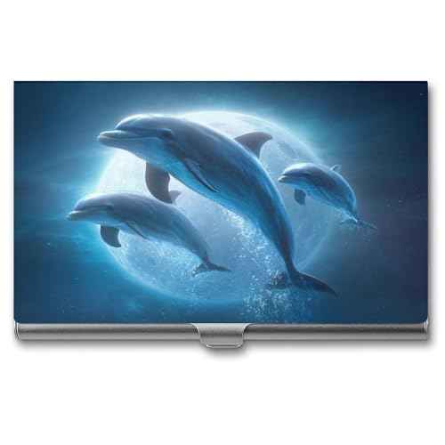 Three Dolphins Jumping Business Card Holder, Pocket Slim Portable Metal Business Card Case for Women Men