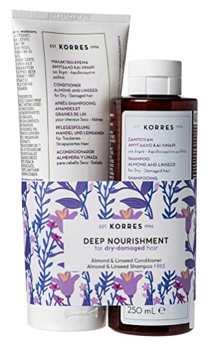 KORRES Almond & Linseed Haarpflege Set für trockenes und sprödes Haar, silikonfrei, 250 ml Shampoo + 200 ml Pflegespülung