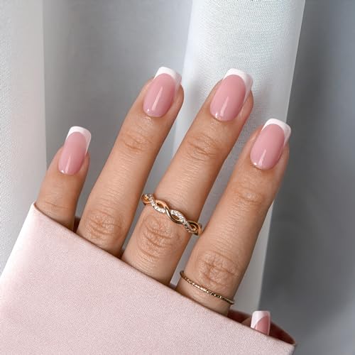 BTArtboxnails XCOATTIPS French Tip Nails - Short Press On Nails, 160 Pcs Pink Square Soft Gel Nail Tips Pre-applied Tip Primer & Base Coat, No Need File False Nails for Gift, 16 Sizes