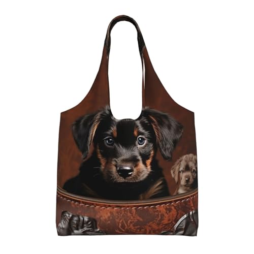 Canvas Tote Bag for Women Shoulder Tote Purse Reusable Grocery Bag Puppy sitting on brown leather crate Aesthetic Shopping Bags