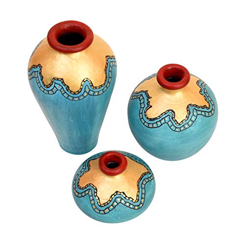 Image of Aakriti Art Creations Terracotta Vases Set of 3 | Handmade Turquoise Blue Golden Modern Art Flower Vases | Matte Finish Decorative Vases for Home Decor & Gifting