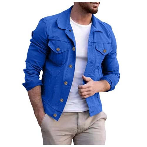 Duohropke Chaqueta vaquera básica para hombre, chaqueta de transición con cuello alto, informal, holgada, azul, L
