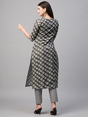 Image of GoSriKi Women's Cotton Blend Printed Straight Kurta With Pant