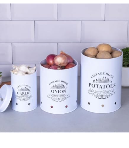 Image of Galvanized Metal Vegetable Storage Container Set of 3 for Potato, Onion & Garlic | Ventilated Kitchen Pantry Organizer with Lids | Rust-Resistant Food Storage Bins | WHITE