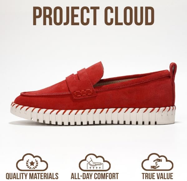 Project Cloud 100% Genuine Leather Loafers for Women - Memory Foam Womens Shoes - Non Slip Spring Loafers Flexible Sole - Fashion Shoes for Women 2026 (Filide, RED, 6.5) - Image 3