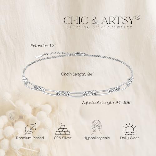 Image of CHIC & ARTSY 925 Sterling Silver Ankle Bracelets for Women, Adjustable Double Layer Chain Anklets, Minimalist Lightweight Foot Jewelry for Beach & Everyday Wear