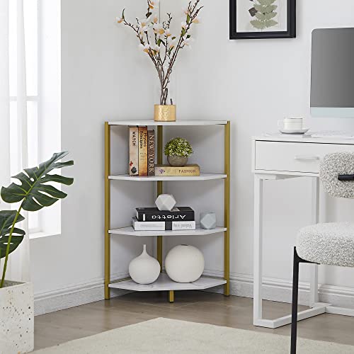 Vecelo 31 Inch Corner Shelf, 4-Tier Display Shelves, Wood Storage Stand With Metal Frame, Multipurpose Shelving Unit For Small Space, Home Office, White Marble #TOP4