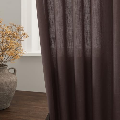 Image of Coffee Linen Blend Drapes 84 Inch Length 2 Panels Set Back Tab Rod Pocket Light Filtering Privacy Semi Sheer Textured Curtains Neutral Farmhouse Decor Curtains for Living Room Bedroom 52x84