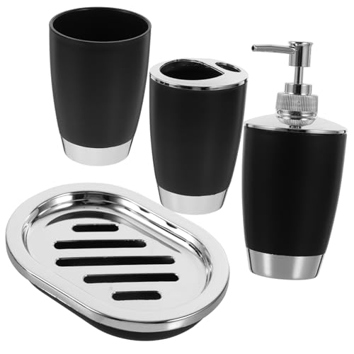 iplusmile 4 Piezas Accesorios Baño Negro Porta Cepillo y Vaso para Dientes Soporte Jabonera Ergonómico Juego Baño Funcional y Decorativo para Hogar y Regalo Reutilizable
