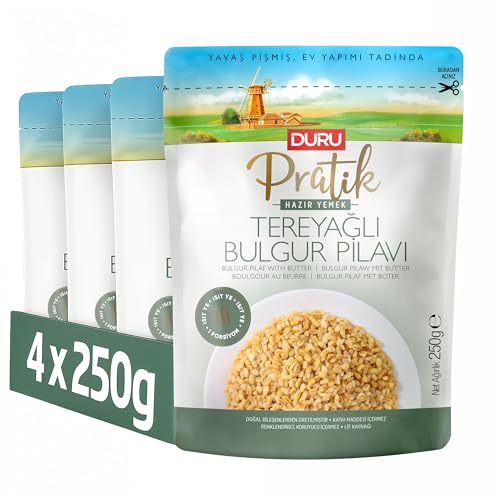 Duru Ready Bulgur Pilaf with Butter, 250g x 4 Pack – Heat & Eat, 100% Natural, Non-GMO, BPA Free, No Trans Fat, No Preservatives