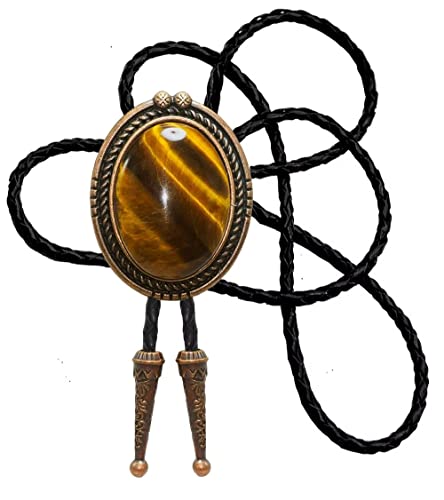 Image of Moranse Bolo Tie with Natural Tiger Eye Stone Celtic Style Genuine and Cowhide Rope