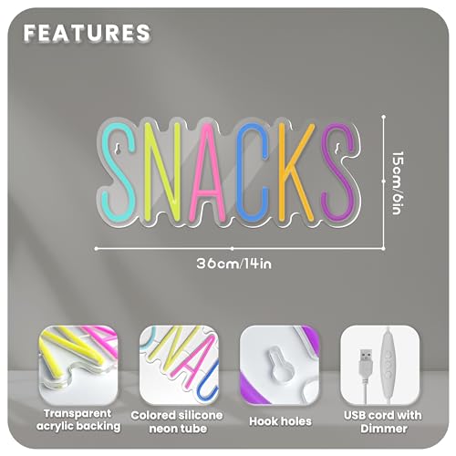 Image of Snacks Neon Sign,Snack Bar Sign for Art Wall Decor,Cake Candy Shop Snack Stall Mancave Coffee Bars,Dimmable USB Powered Colorful Snacks Neon Light Sign