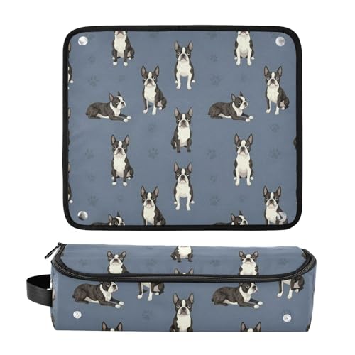 Funda de viaje 2 en 1 para plancha rizadora con estera para planchas y bolsa organizadora para herramientas de calor con diseño de huellas de perro Boston Terrier gris miniatura 3