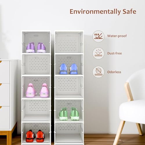 Image of Qshare Sneaker Shoe Rack Box llapsible Shoe Organiser With Door-Foldable Sneaker Crates Footwear Organiser For Men, Women, Heels, Boots, Loafers, Sneakers, Slippers - Plastic (White, 3)