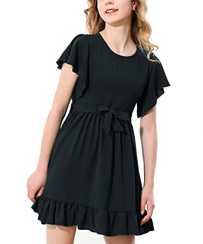 Retsugo Girls Ruffle Trim Dress Butterfly Sleeve A-Line Swing Flared Belted Casual Party Dress With Zipper Black 7-8 Years #TOP6