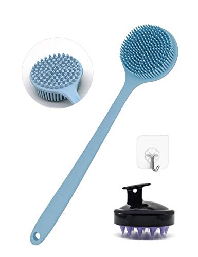 Bath Body Brush for Exfoliating, Silicone Back Scrubber, Shower Brush with Long Handle, Hair Scalp Massager Shampoo Brush – Gently Massage, Lathers Well, Improve Circulation, Durable (Blue)
