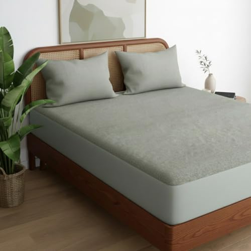Image of Livspace 100% Waterproof Premium Cotton Mattress Protector Queen Size | 78 inch x 60 inch | Mattress Cover, Noiseless, Breathable & Hypoallergenic Bed Protector, Fits Upto 10 inch - Bello Pure Canopy (Steel Grey)