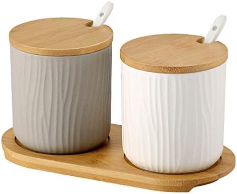 OnePine Set of 2 Sugar Bowl, 300ml Ceramic Spice Jar Condiment Pots with Bamboo Lid and Ceramic Spoon for Home and Kitchen