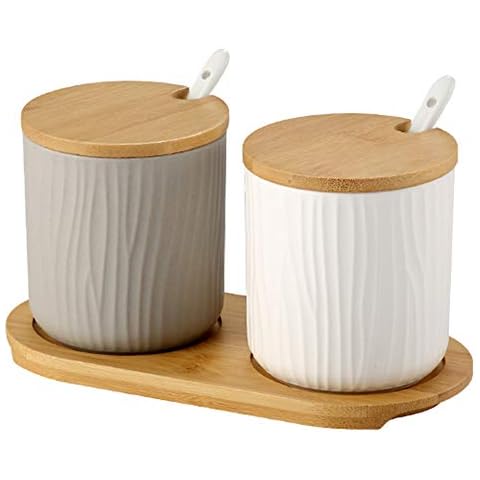 OnePine Set of 2 Sugar Bowl, Ceramic Spice Jar Condiment Pots with Bamboo Lid and Ceramic Spoon for Home and Kitchen Cover