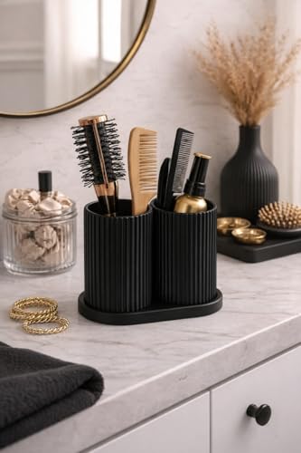Image of Aesthetic Toothbrush Holder for Bathroom, Dual Cup Ribbed Design, Toothbrush & Toothpaste Organizer Stand, Modern Bathroom and Stationery Accessories Holder