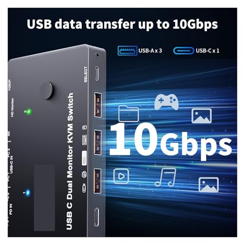 Sélecteur multiport KVM USB-C 4K 1080P pour double écran d'ordinateur