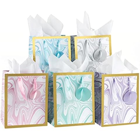 Christmas Gift Bags Medium Size Bulk-24 Charming Christmas Designs- Holiday Gift Bags with Colored Christmas Tissue Paper and Gift Tags-Christmas Goody Bags with Ribbon Handles -Foil Stamped Xmas Bags (5ct Medium Gift Bags) Cover